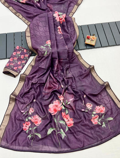 Wine Purple Cotton Digital Print Saree With Work Blouse for Women