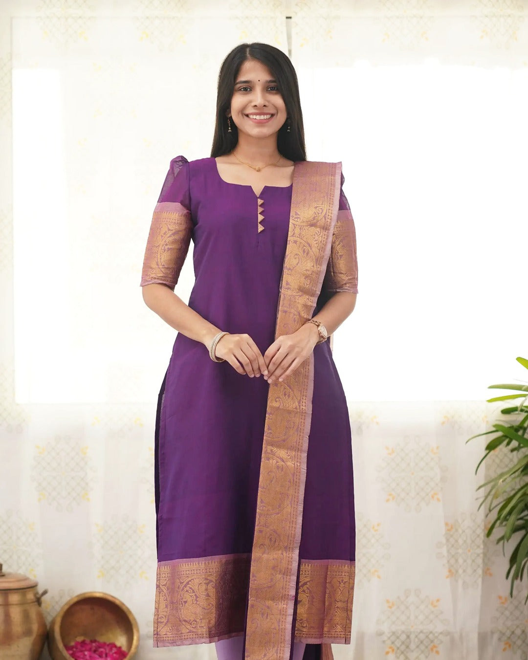 Purple Kanchi Cotton Kurti Set with Zari Dupatta for Women