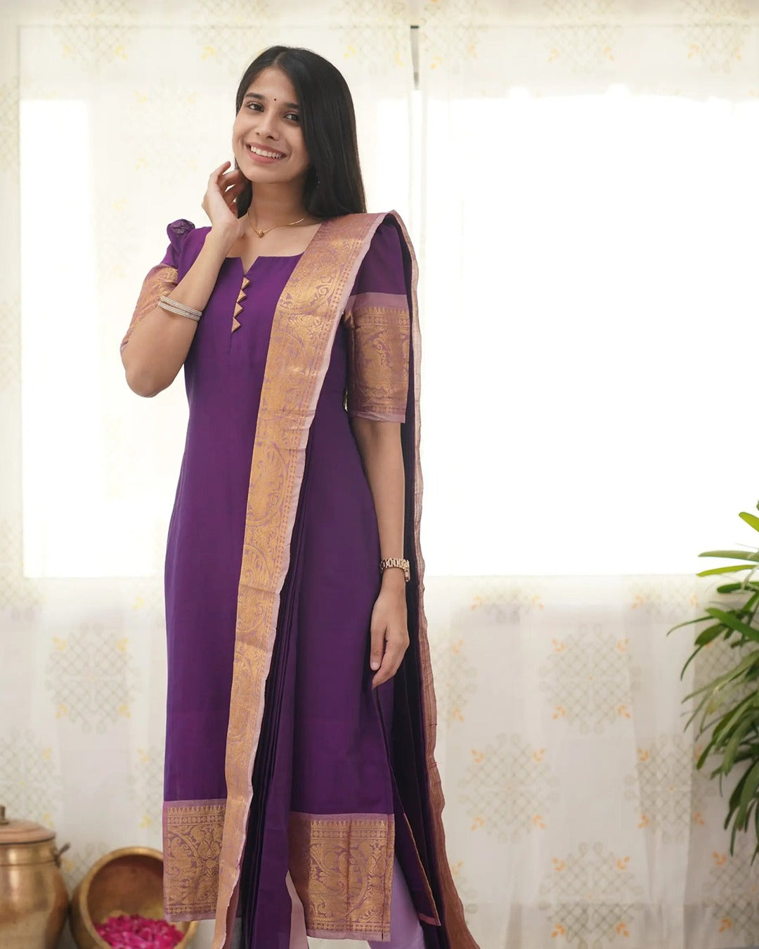 Purple Kanchi Cotton Kurti Set with Zari Dupatta for Women
