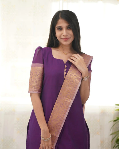 Purple Kanchi Cotton Kurti Set with Zari Dupatta for Women