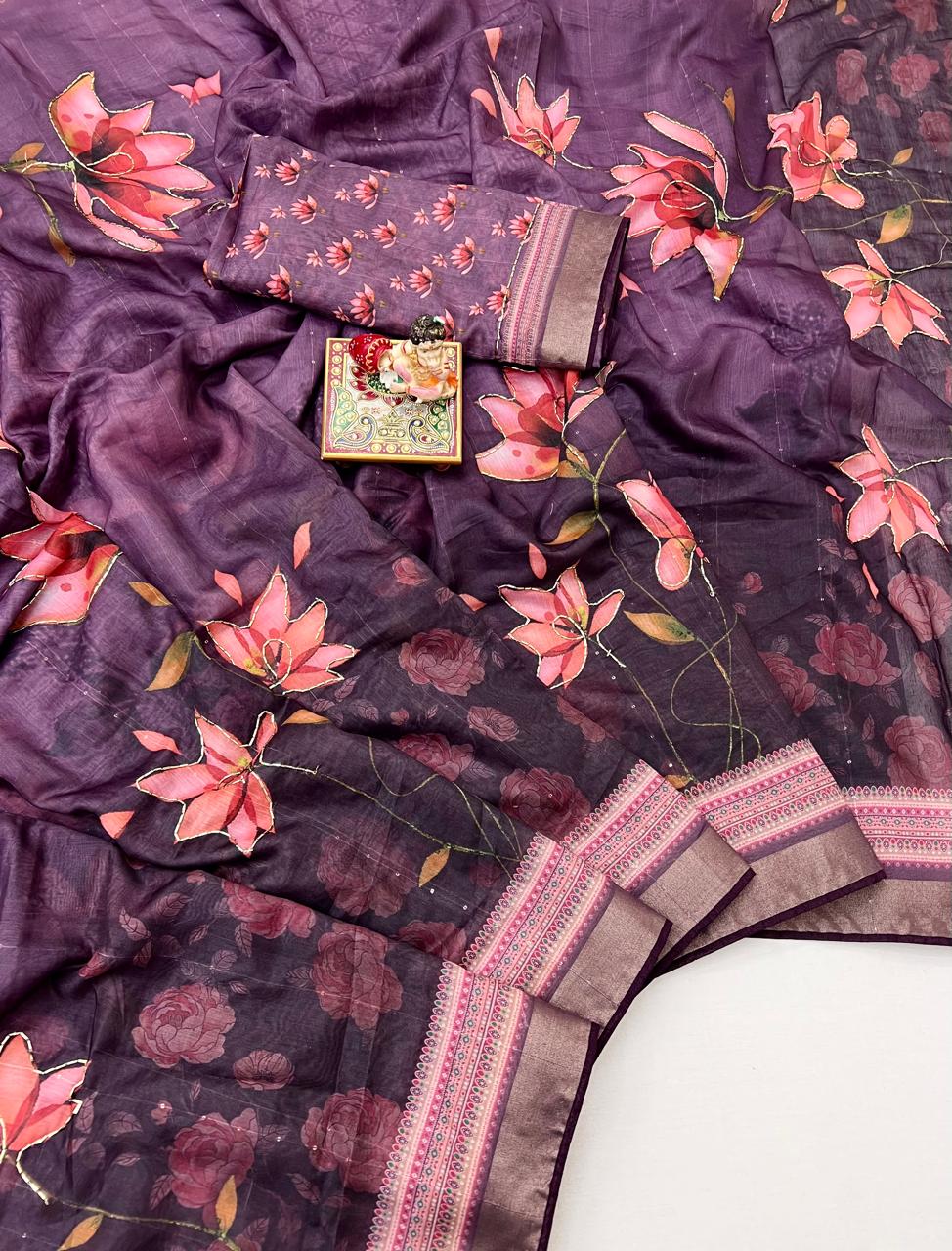 Purple Floral Cotton Saree With CutDana Work Blouse for Women