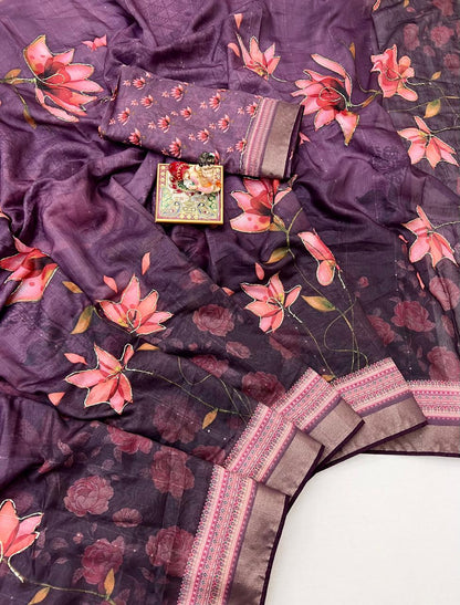Purple Floral Cotton Saree With CutDana Work Blouse for Women