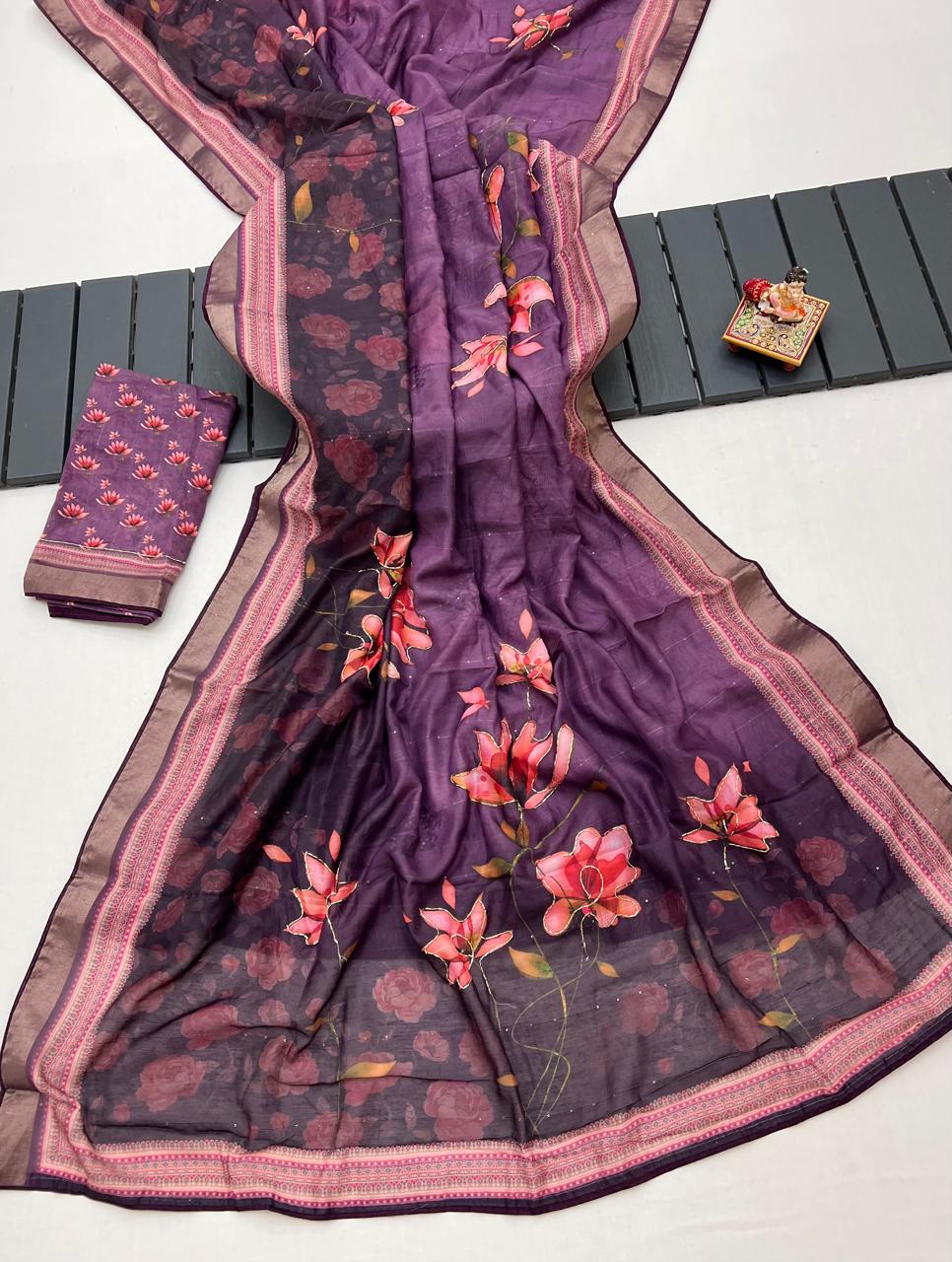 Purple Floral Cotton Saree With CutDana Work Blouse for Women