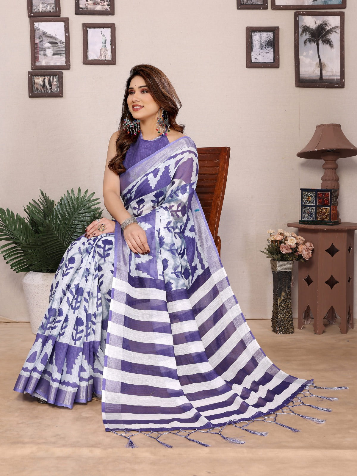 Purple Cotton Linen Printed Saree with Striped Pallu for Women