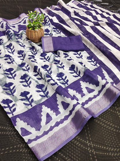 Purple Cotton Linen Printed Saree with Striped Pallu for Women
