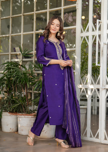 Purple Designer Chanderi Threadwork Kurta Pant Set for Women