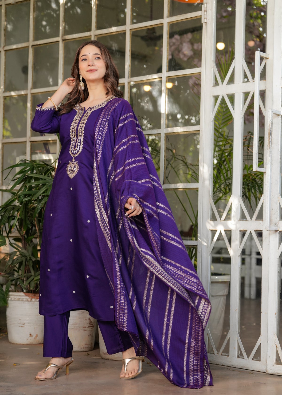 Purple Designer Chanderi Threadwork Kurta Pant Set for Women
