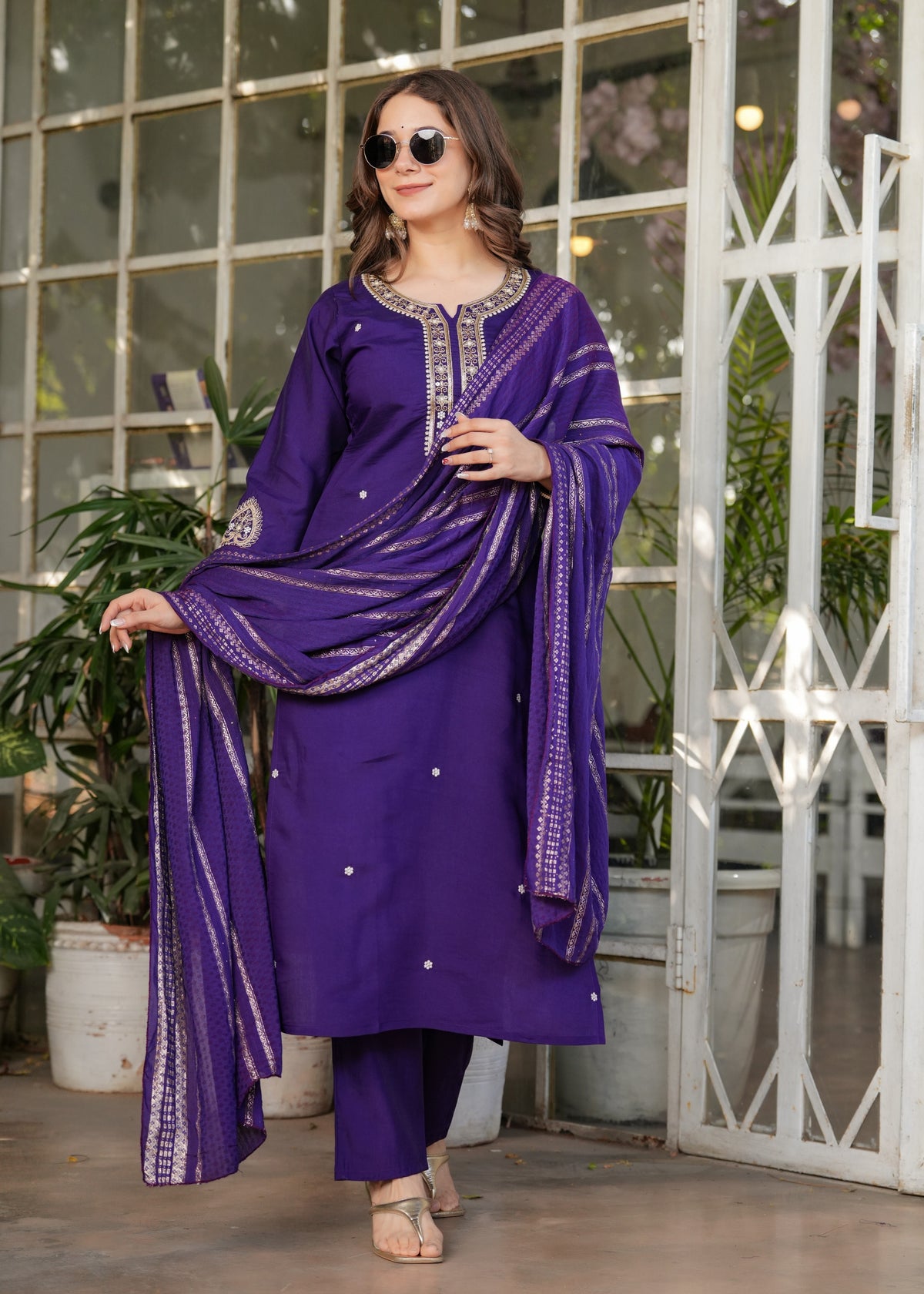 Purple Designer Chanderi Threadwork Kurta Pant Set for Women