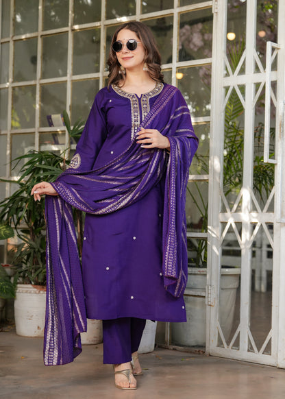 Purple Designer Chanderi Threadwork Kurta Pant Set for Women