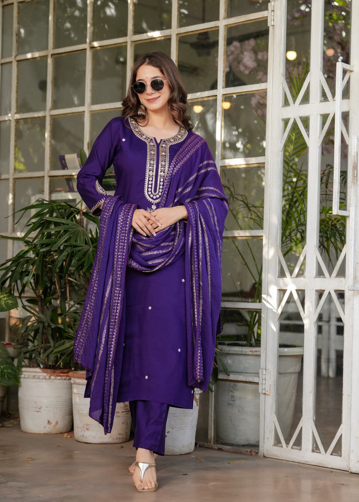 Purple Designer Chanderi Threadwork Kurta Pant Set for Women
