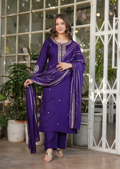 Purple Designer Chanderi Threadwork Kurta Pant Set for Women