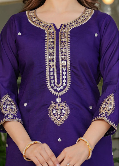 Purple Designer Chanderi Threadwork Kurta Pant Set for Women