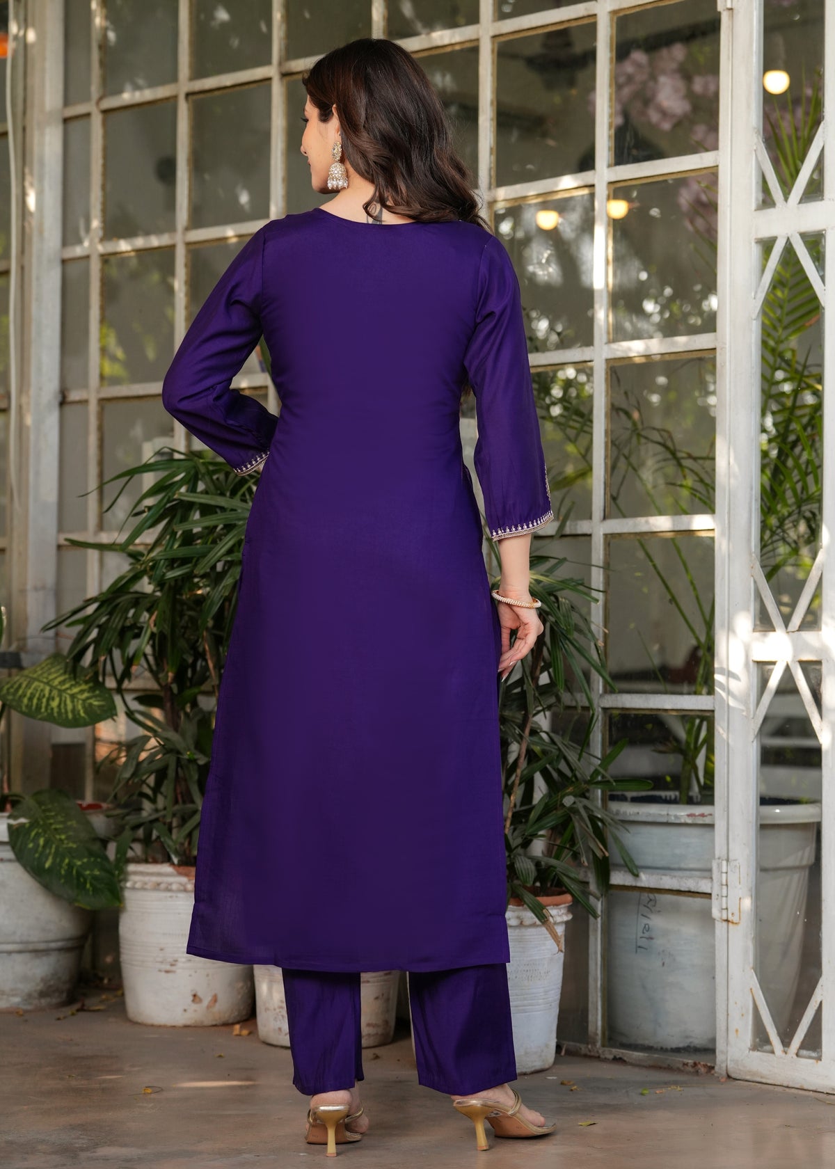 Purple Designer Chanderi Threadwork Kurta Pant Set for Women