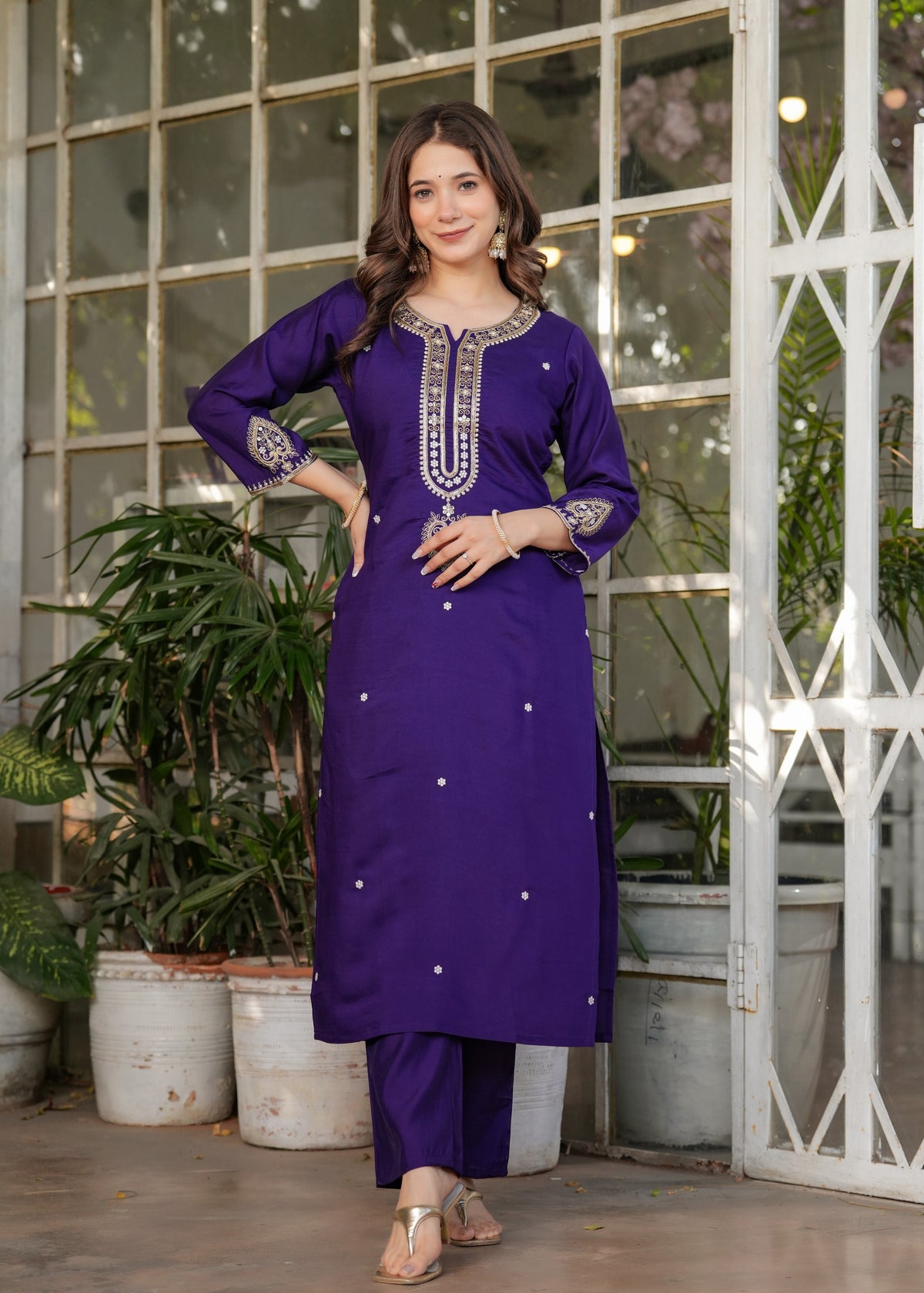 Purple Designer Chanderi Threadwork Kurta Pant Set for Women
