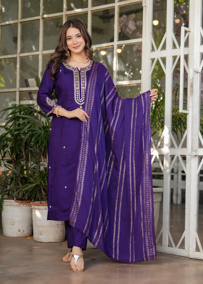 Purple Designer Chanderi Threadwork Kurta Pant Set for Women
