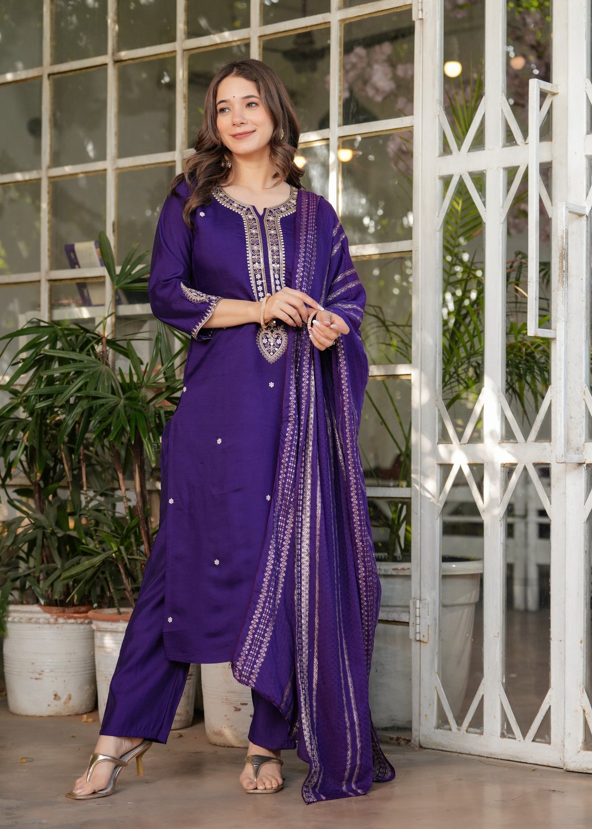 Purple Designer Chanderi Threadwork Kurta Pant Set for Women