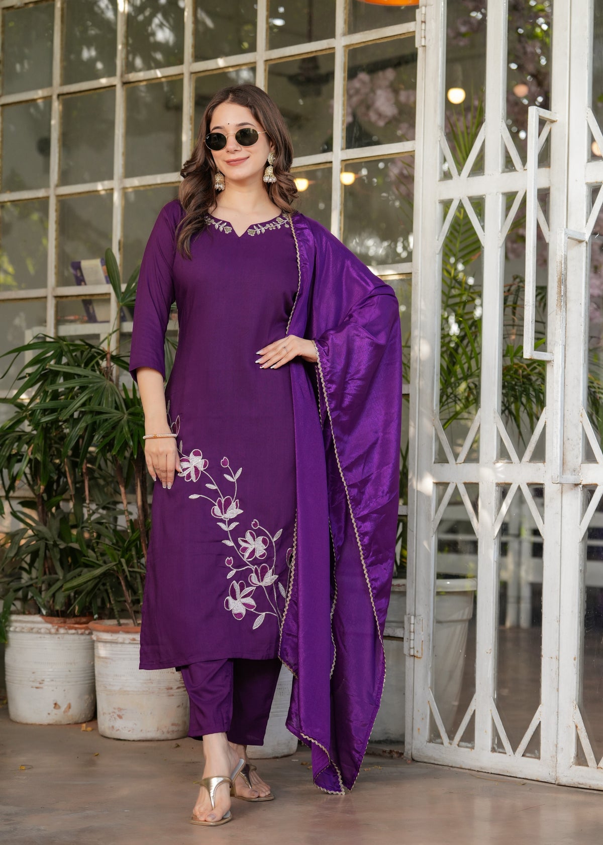 Purple Designer Rayon Threadwork Suit for Women