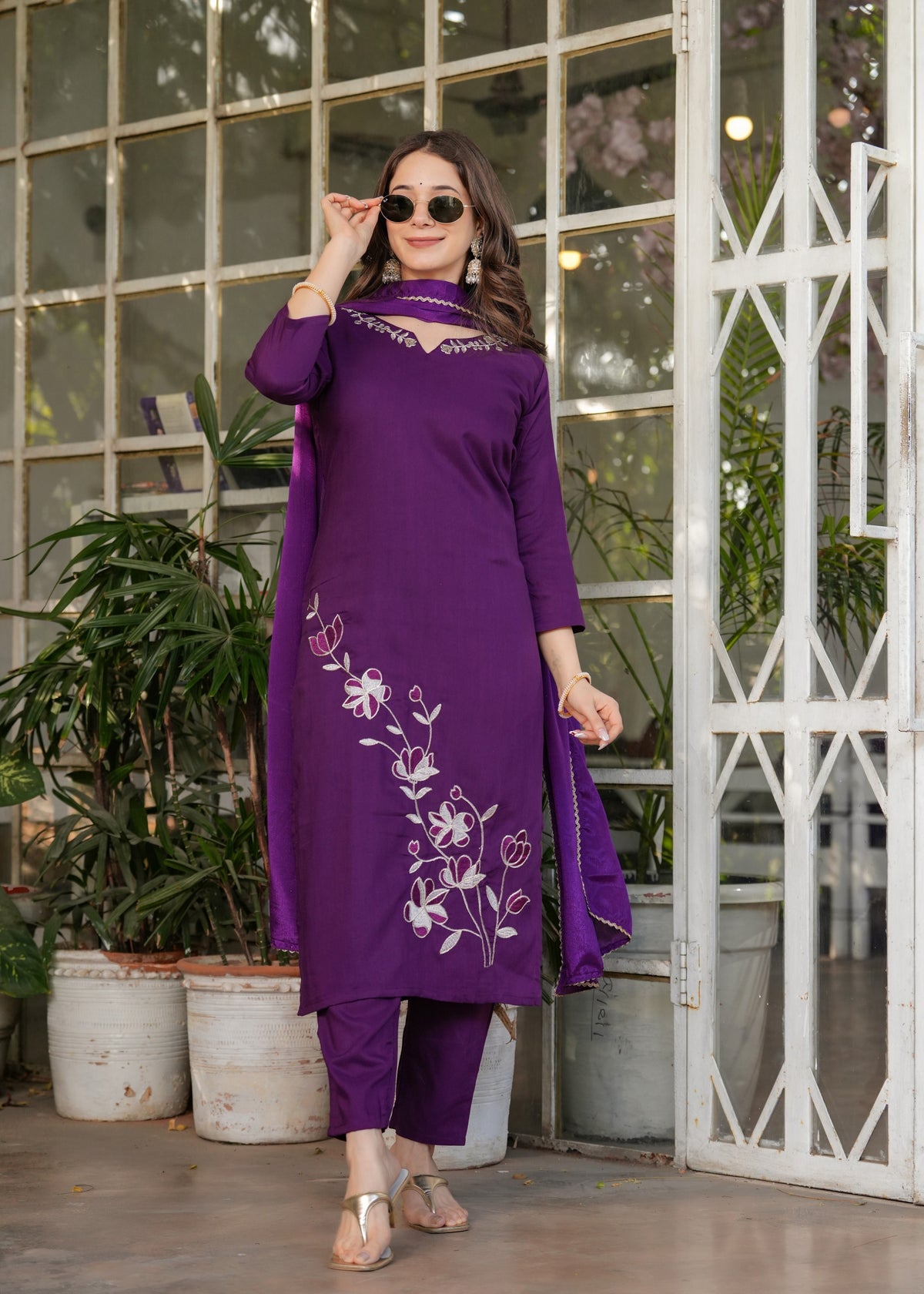Purple Designer Rayon Threadwork Suit for Women