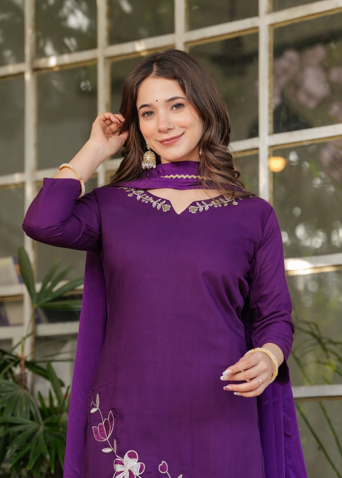 Purple Designer Rayon Threadwork Suit for Women