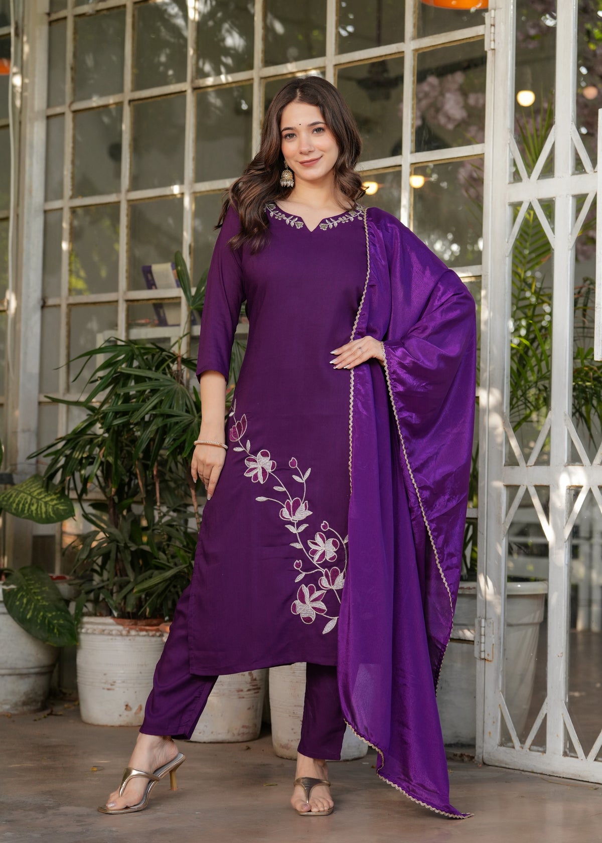 Purple Designer Rayon Threadwork Suit for Women