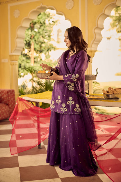 Purple Embroidered Chanderi Kurta Palazzo Dupatta Set for Women