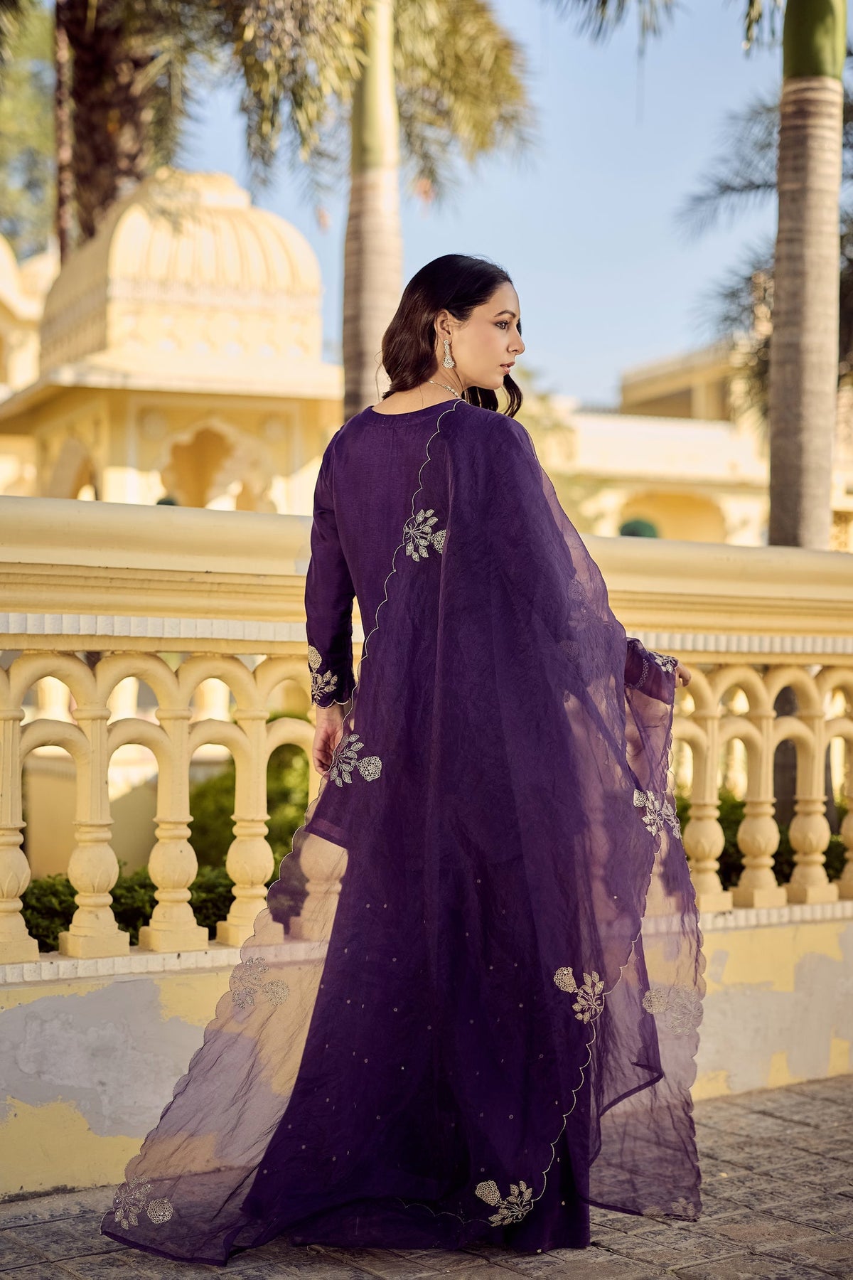 Purple Embroidered Chanderi Kurta Palazzo Dupatta Set for Women