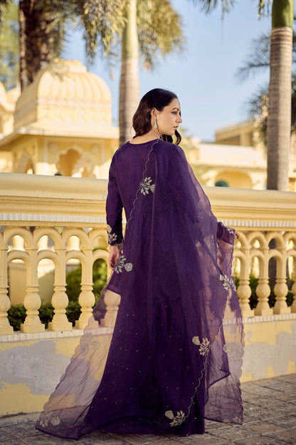 Purple Embroidered Chanderi Kurta Palazzo Dupatta Set for Women