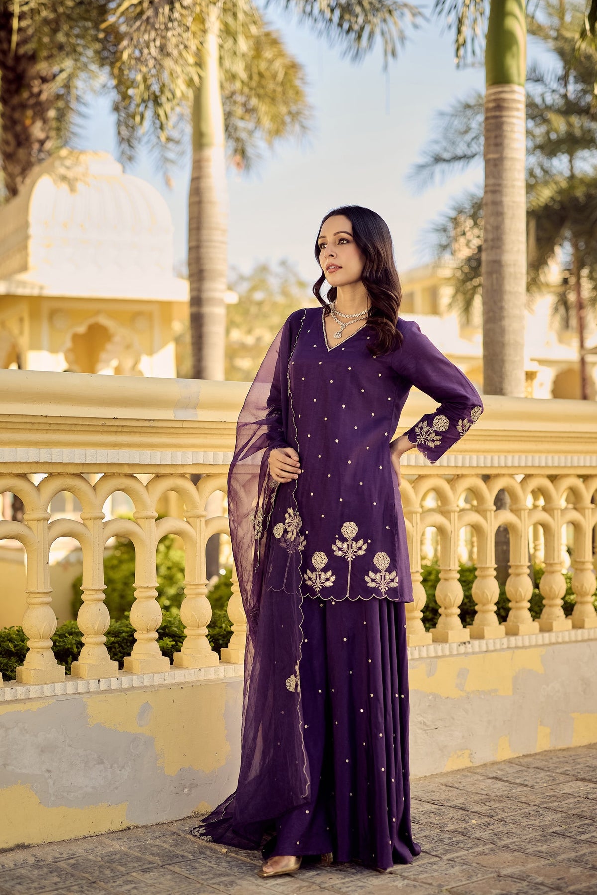 Purple Embroidered Chanderi Kurta Palazzo Dupatta Set for Women