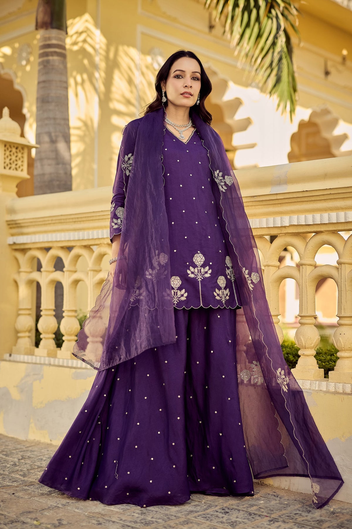 Purple Embroidered Chanderi Kurta Palazzo Dupatta Set for Women