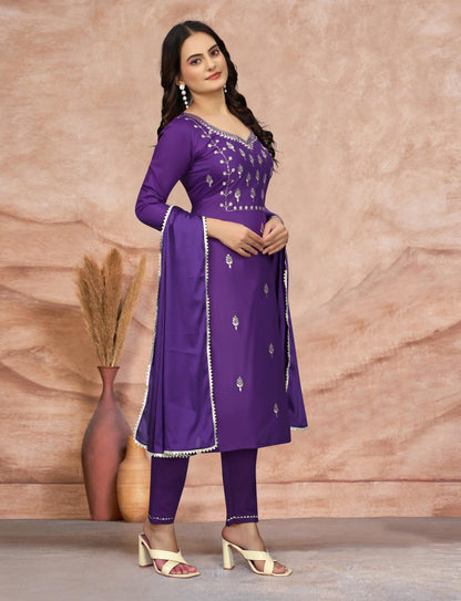 Royal Purple Embroidered Kurta Pant Dupatta Set for Women