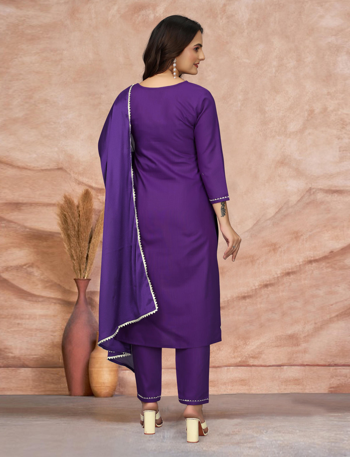 Royal Purple Embroidered Kurta Pant Dupatta Set for Women