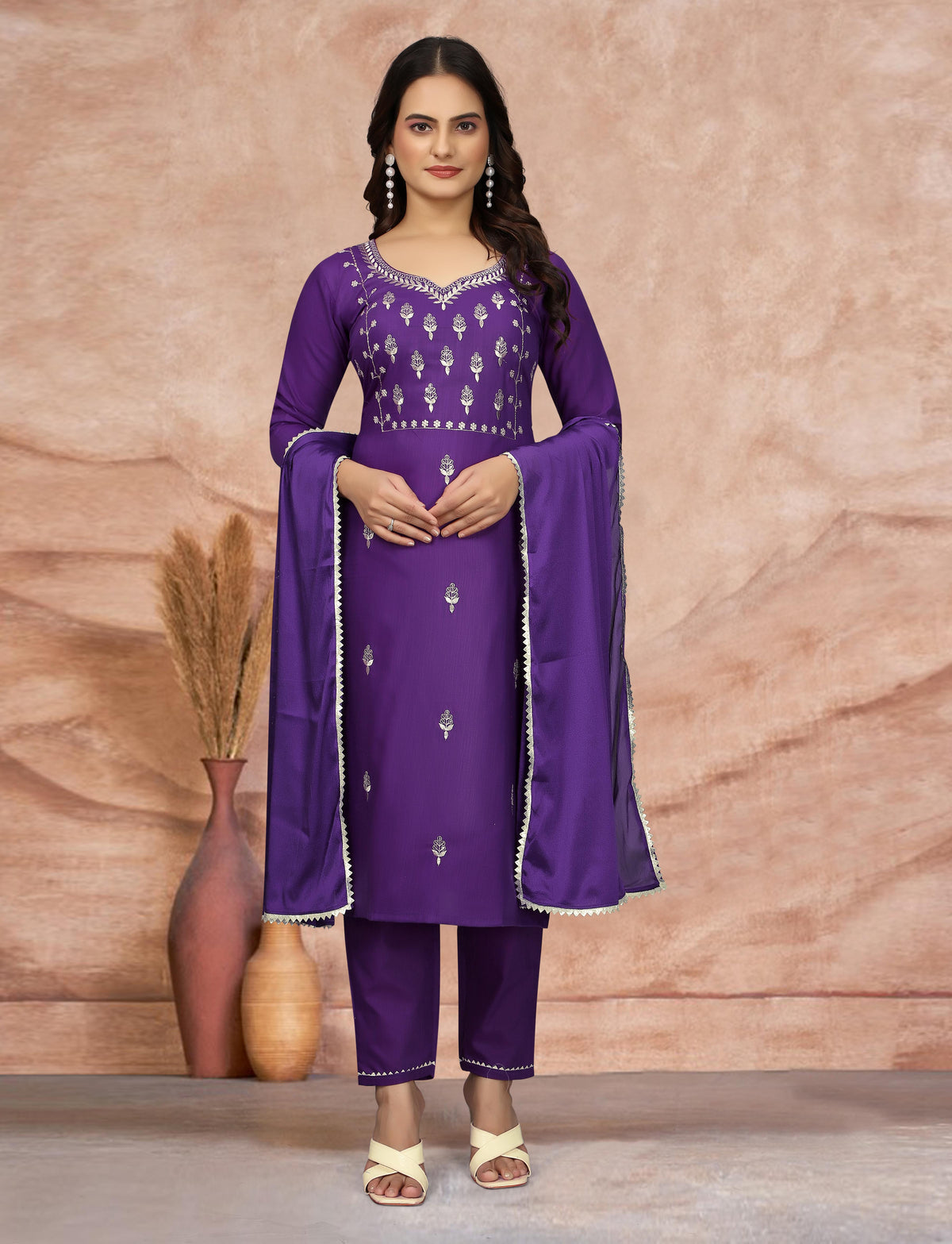 Royal Purple Embroidered Kurta Pant Dupatta Set for Women