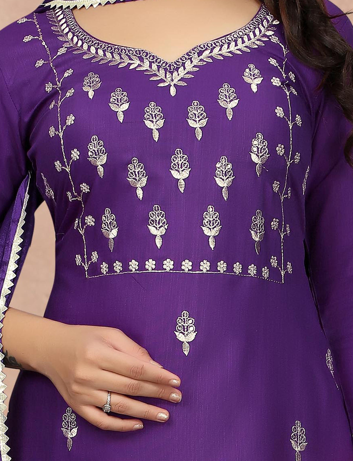 Royal Purple Embroidered Kurta Pant Dupatta Set for Women