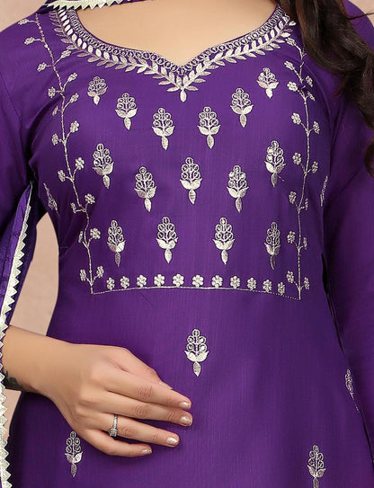 Royal Purple Embroidered Kurta Pant Dupatta Set for Women
