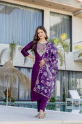 Purple Embroidered Kurti Pant with Dupatta Online
