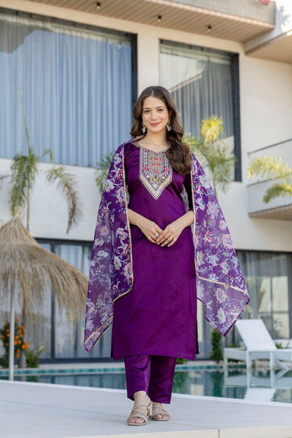 Purple Embroidered Kurti Pant with Dupatta for Women
