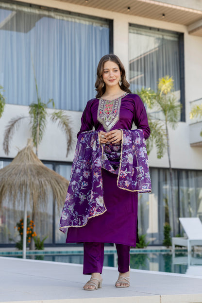 Purple Embroidered Kurti Pant with Dupatta for Women