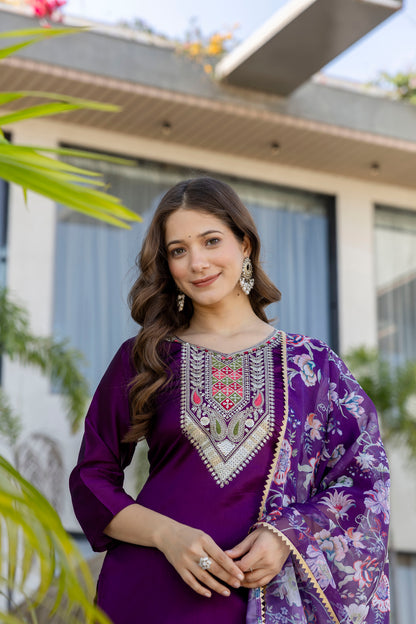 Purple Embroidered Kurti Pant with Dupatta for Women