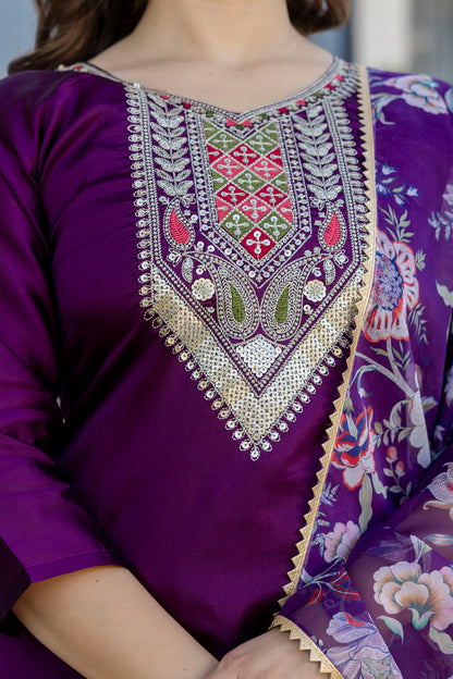 Purple Embroidered Kurti Pant with Dupatta for Women