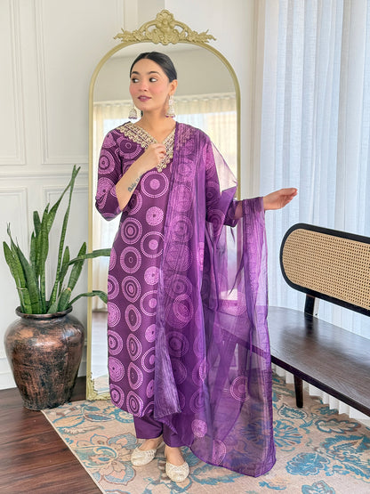Purple Embroidered Rayon Kurti Pant Dupatta Set for Women