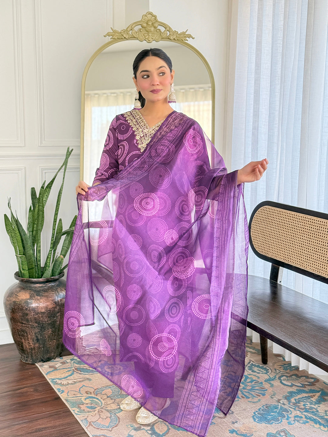 Purple Embroidered Rayon Kurti Pant Dupatta Set for Women