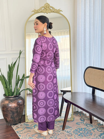 Purple Embroidered Rayon Kurti Pant Dupatta Set for Women