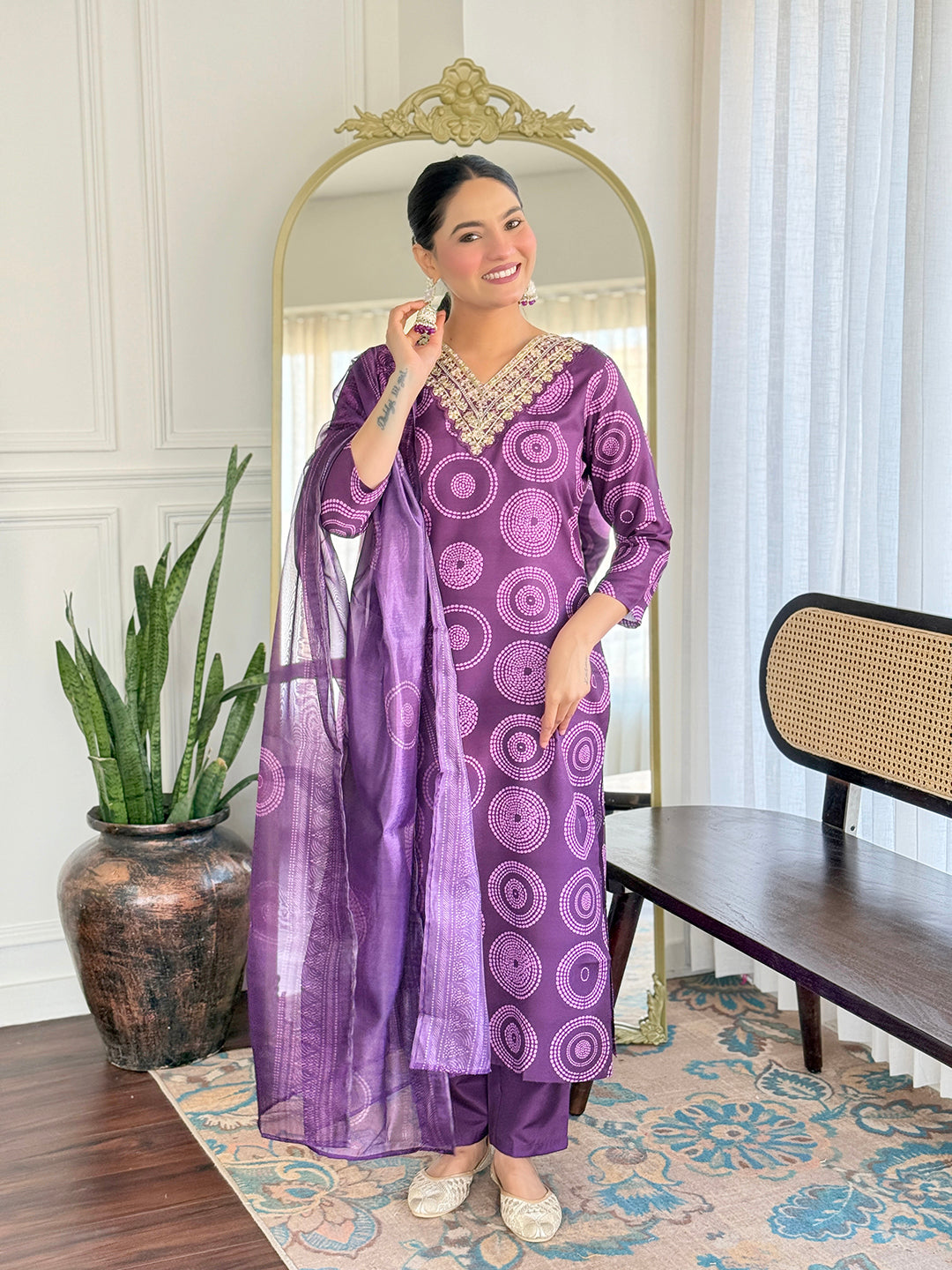 Purple Embroidered Rayon Kurti Pant Dupatta Set for Women