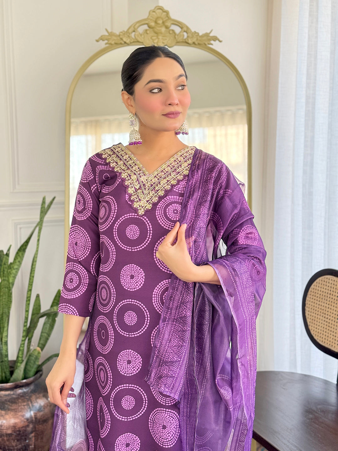 Purple Embroidered Rayon Kurti Pant Dupatta Set for Women