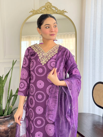 Purple Embroidered Rayon Kurti Pant Dupatta Set for Women