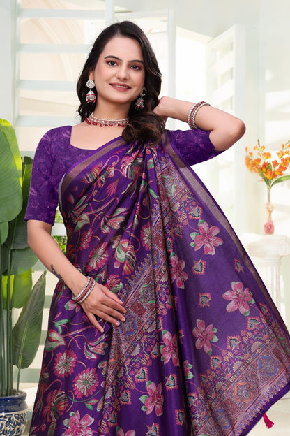 Purple Floral Cotton Saree India for Women
