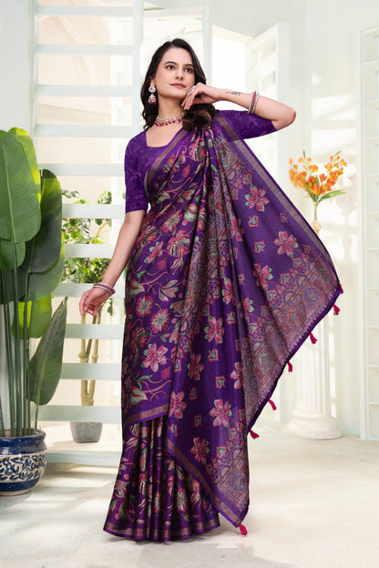 Purple Floral Cotton Saree India for Women
