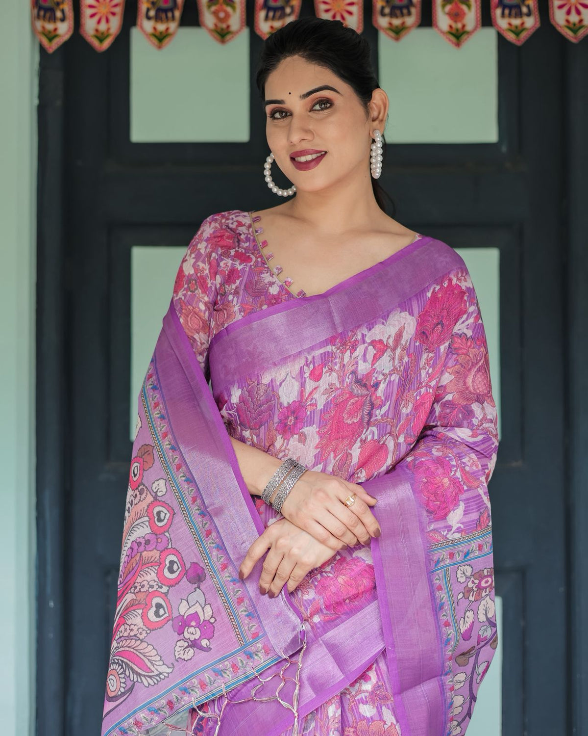 Purple Floral Linen Saree with Elegant Printed Pallu for Women