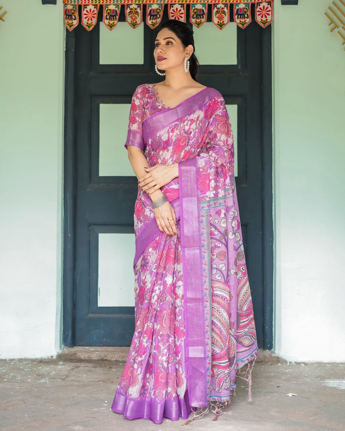 Purple Floral Linen Saree with Elegant Printed Pallu for Women