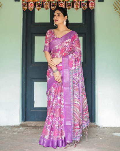 Purple Floral Linen Saree with Elegant Printed Pallu for Women